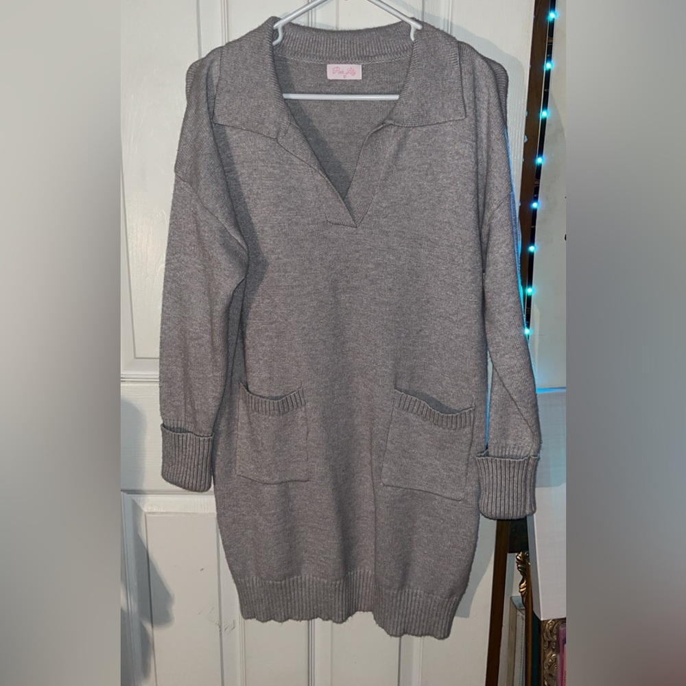 Pink Lily Gray Long Sleeve Sweater Dress